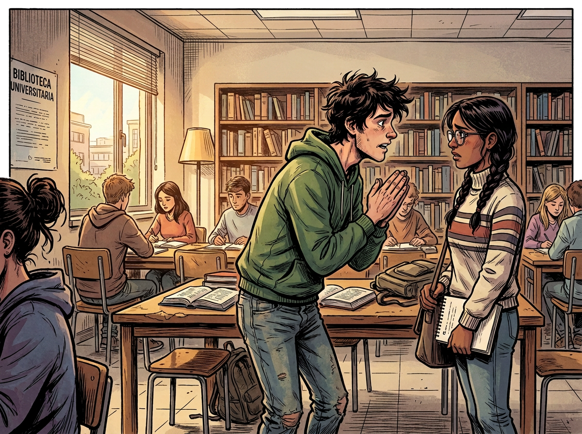 Comic scene where a student apologizes to Elena in a university library